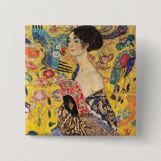 Gustav Klimt - Lady met Fan Vierkante Button 5,1 Cm (Voorkant)