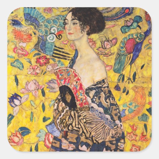 Gustav Klimt - Lady met Fan Vierkante Sticker (Voorkant)