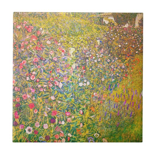Gustav Klimt Pink Flowers Tile Tegeltje (Voorkant)