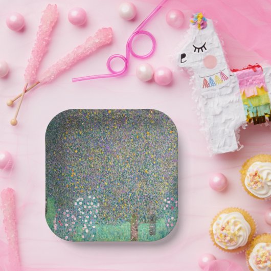 Gustav Klimt - Rosebushes onder de bomen Papieren Bordje (Feest)