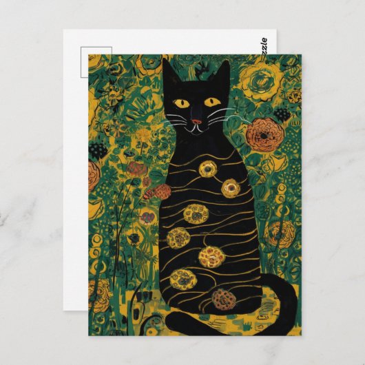 Gustav Klimt Schattigee zwarte kat in een bloement Briefkaart (Voorkant / Achterkant)