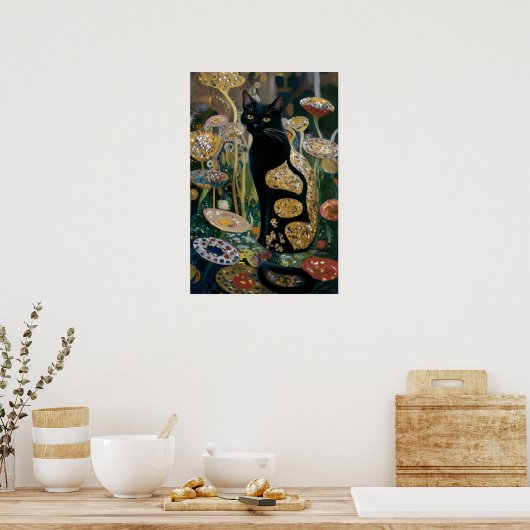 Gustav Klimt Zwarte kat in een bloementuin, katten Poster (Keuken)