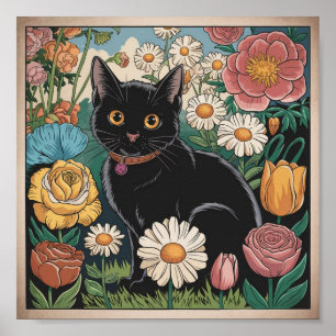 Gustav Klimt Zwarte kat in een bloementuin, katten Poster