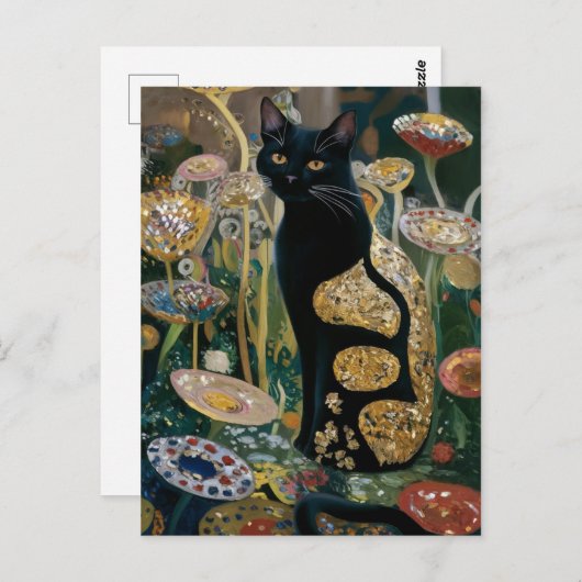 Gustav Klimt Zwarte Kat In Een Bloemtuin, CAT ART Briefkaart (Voorkant / Achterkant)
