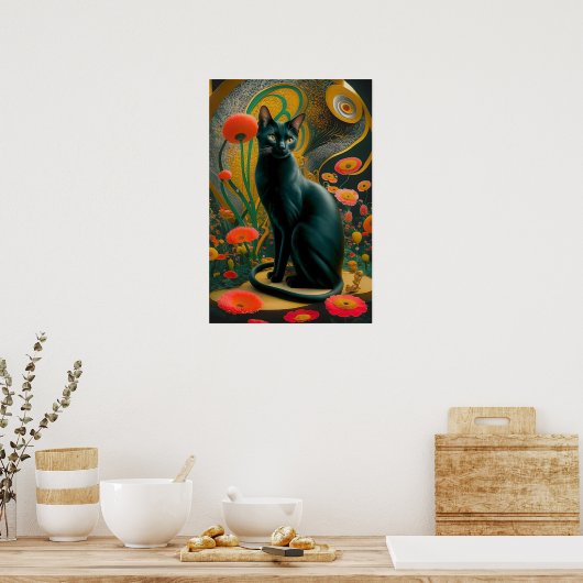 Gustav Klimt Zwarte Kat In Een Bloemtuin, Kattenku Poster (Keuken)
