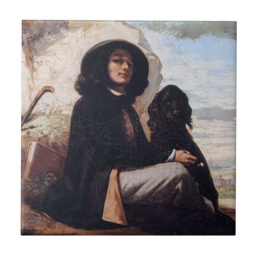 Gustave Courbet - Self-Portret met een zwarte hond Tegeltje (Voorkant)