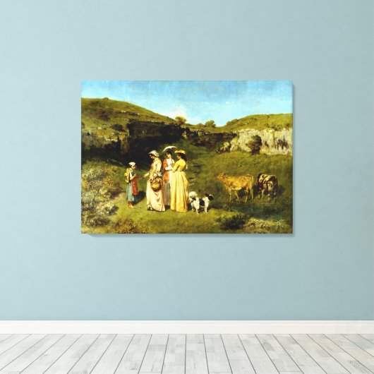 Gustave Courbet Young Dames in het dorp Canvas Afdruk (Insitu (Houten vloer))