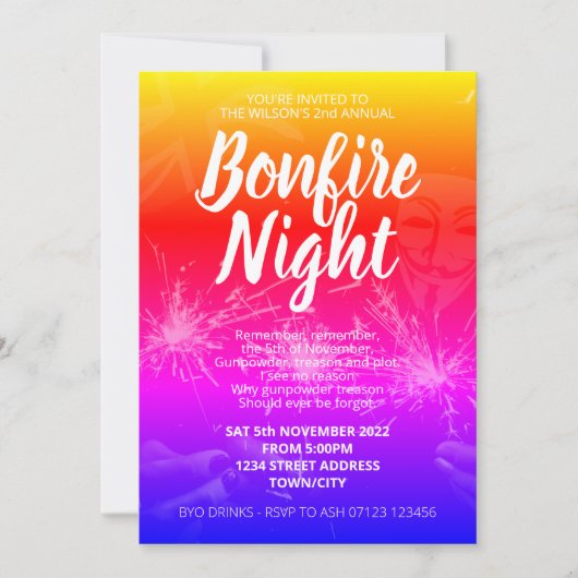 Guy Fawkes Night, Bonfire Night Invitation Kaart (Voorkant)