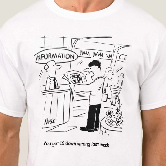 Guy in Information Booth heeft kruiswoordaanwijzin T-shirt