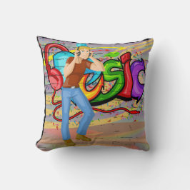 Guy met hoofdtelefoon en muziek graffiti muur kussen