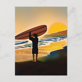 Guy op het strand met Surf Board bij zonsondergang Briefkaart