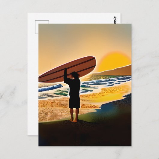Guy op het strand met Surf Board bij zonsondergang Briefkaart (Voorkant / Achterkant)