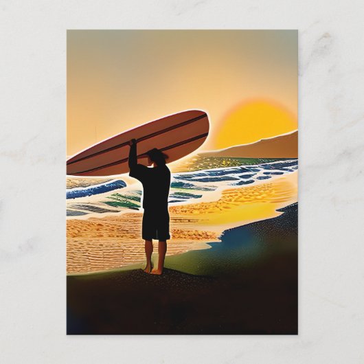 Guy op het strand met Surf Board bij zonsondergang Briefkaart (Voorkant)