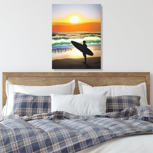 Guy op het strand met Surf Board Sunset Canvas Afdruk (Insitu (Slaapkamer))