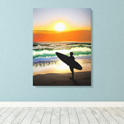 Guy op het strand met Surf Board Sunset Canvas Afdruk (Insitu (Houten vloer))