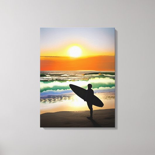 Guy op het strand met Surf Board Sunset Canvas Afdruk (Voorkant)