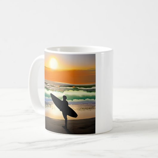 Guy op het strand met Surf Board Sunset Koffiemok (Voorkant links)