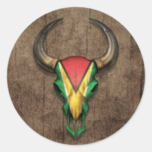 Guyana Flag Bull Skull on Wood Effect Ronde Sticker