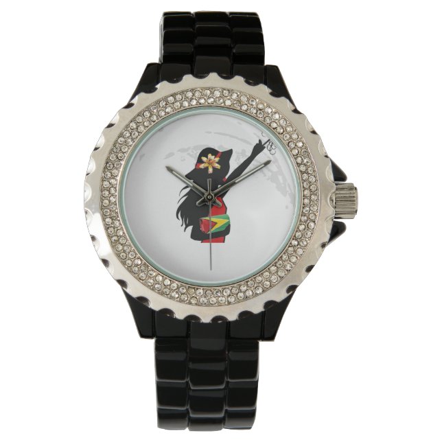 Guyana Meisje Zwart Rhinestone eWatch Horloge (Voorkant)