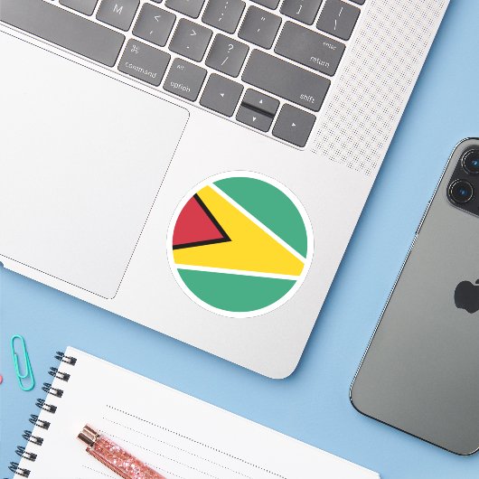 Guyana Vlag Ronde Sticker (Laptop met iPhone)