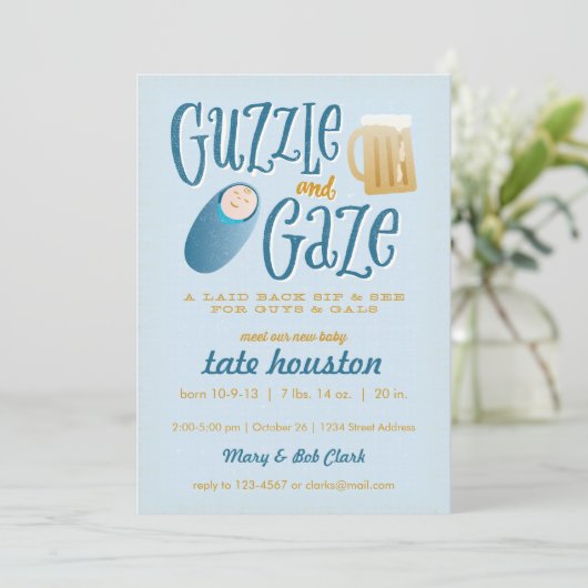 Guzzle and Gaze Baby shower Invitation Kaart (Staand voorkant)