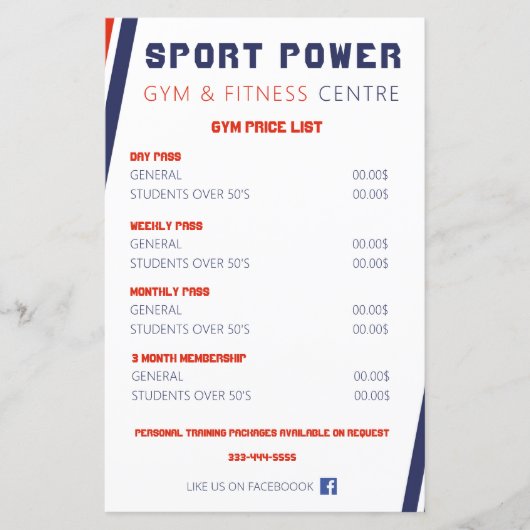 Gym- en fitnesscentrum Power Sport Prijslijst (Voorkant)