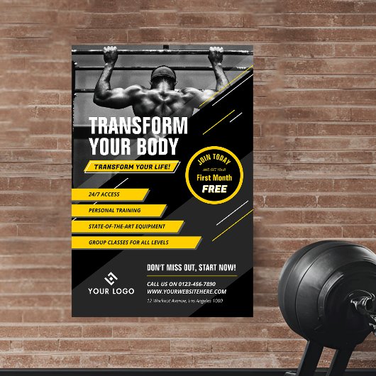 Gym Foto Zwart & Geel Logo Workout Marketing Poster