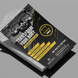 Gym Foto Zwart & Geel Logo Workout Promotionele Flyer<br><div class="desc">Promoot uw trainingslessen of fitnessstudio met dit moderne Gym Flyer-ontwerp met foto's en uw aangepaste tekst. Met een vet zwart en geel ontwerp met ruimte voor één foto, uw logo, label lijn of kop, en diensten, evenals een promotionele badge om een speciale korting of aanbieding toe te voegen. U kunt...</div>