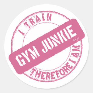 GYM JUNKIE IK TREIN DUS IK BEN DUS roze. Ronde Sticker