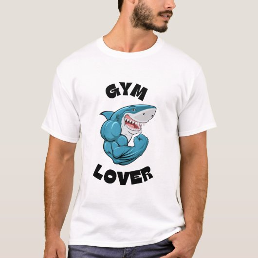 Gym Lover Shark Flexing Funny Workout T-Shirt (Voorkant)