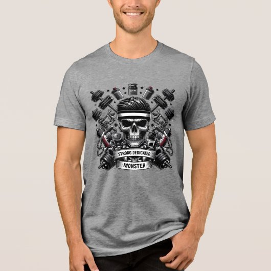 Gym Monster Skull Bodybuilding Motivation Art Tri-Blend Shirt (Voorkant)
