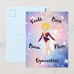 Gym Star Blonde, Green Eyes, Burgundy Leotard Briefkaart