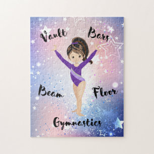 Gym Star Brunette, bruine ogen, Paarse leotard Legpuzzel