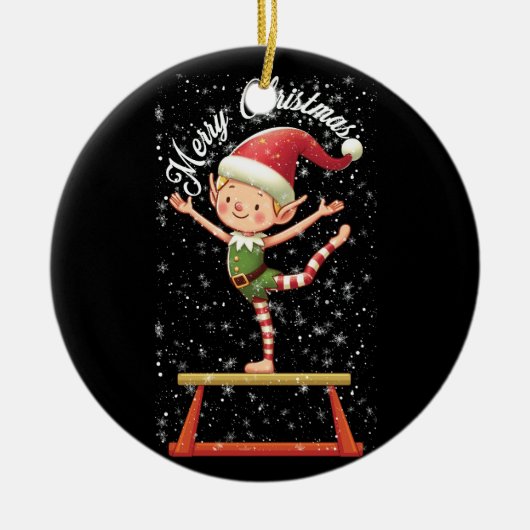 Gymnast Elf op Balans Beam Xmas Gymnastiek Chri Keramisch Ornament (Voorkant)