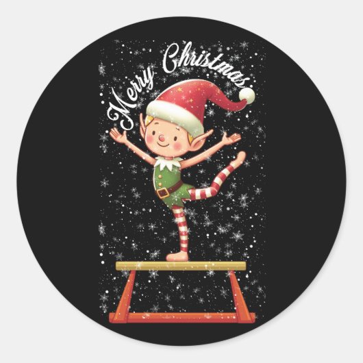 Gymnast Elf op Balans Beam Xmas Gymnastiek Chri Ronde Sticker (Voorkant)