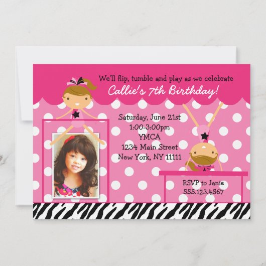 Gymnast Gymnastics Birthday Party Invitation Zebra Kaart (Voorkant)