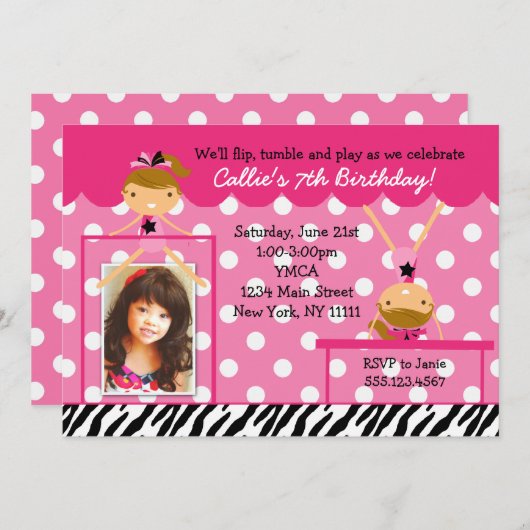 Gymnast Gymnastics Birthday Party Invitation Zebra Kaart (Voorkant / Achterkant)
