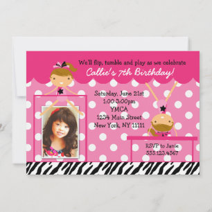 Gymnast Gymnastics Birthday Party Invitation Zebra Kaart