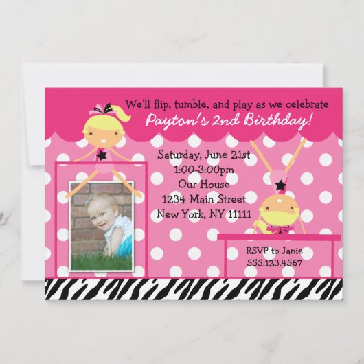 Gymnast Gymnastics Birthday Party Invitation Zebra Kaart (Voorkant)
