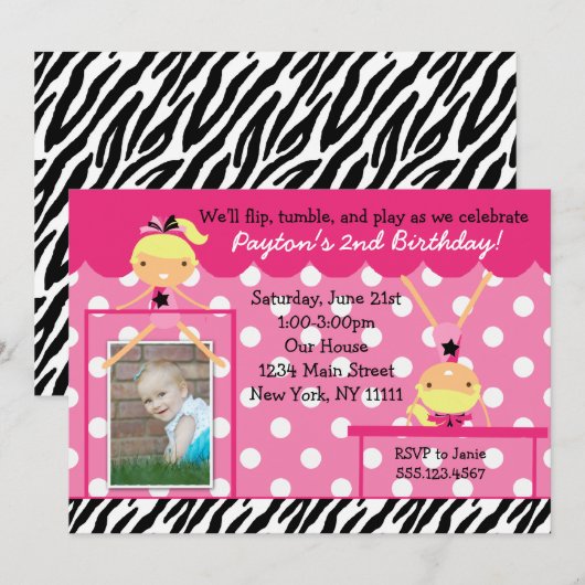 Gymnast Gymnastics Birthday Party Invitation Zebra Kaart (Voorkant / Achterkant)