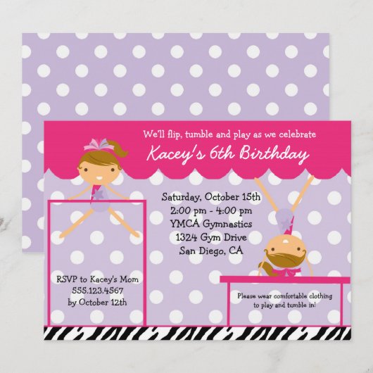 Gymnast Gymnastics Birthday Party Invitation Zebra Kaart (Voorkant / Achterkant)