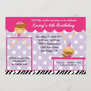 Gymnast Gymnastics Birthday Party Invitation Zebra Kaart