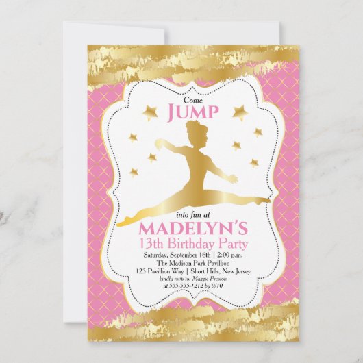 Gymnast Pink | Gold Stars Girl Birthday Party Kaart (Voorkant)
