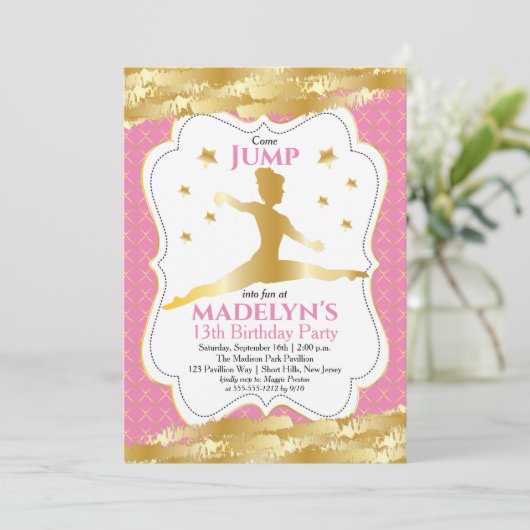 Gymnast Pink | Gold Stars Girl Birthday Party Kaart (Staand voorkant)