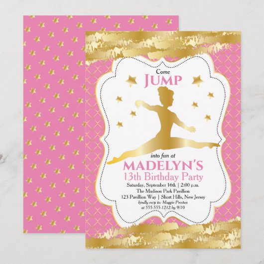 Gymnast Pink | Gold Stars Girl Birthday Party Kaart (Voorkant / Achterkant)