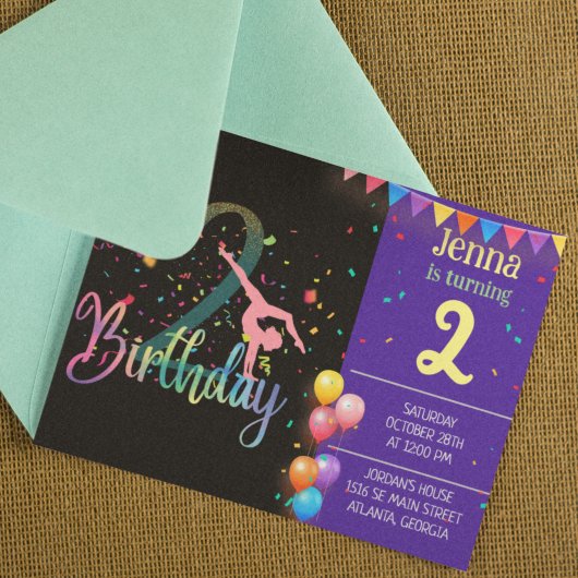 Gymnast schattige kinderen verjaarfeest met kleurr kaart