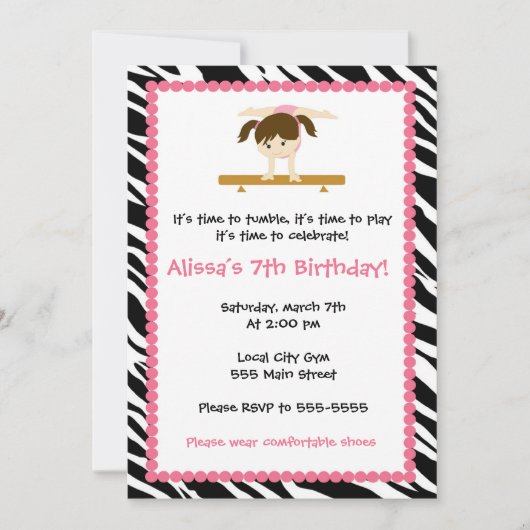 Gymnastic Girl Birthday Party Invitation Zebra Kaart (Voorkant)