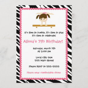 Gymnastic Girl Birthday Party Invitation Zebra Kaart