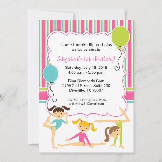 Gymnastic Girls Birthday Party Invitation Kaart (Voorkant)