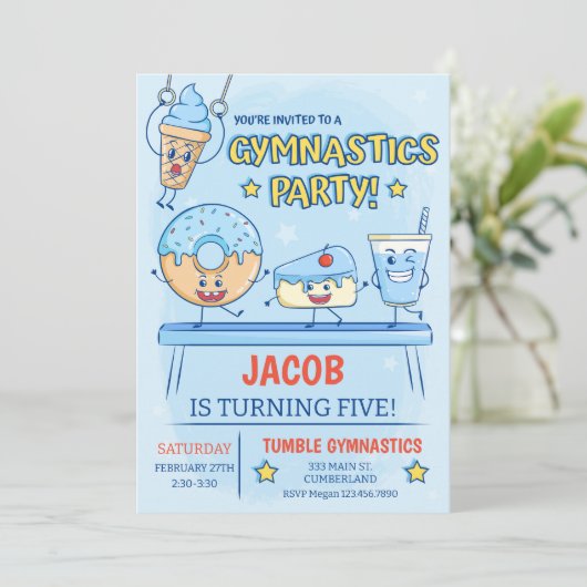Gymnastics Birthday Invitation Boy Kaart (Staand voorkant)
